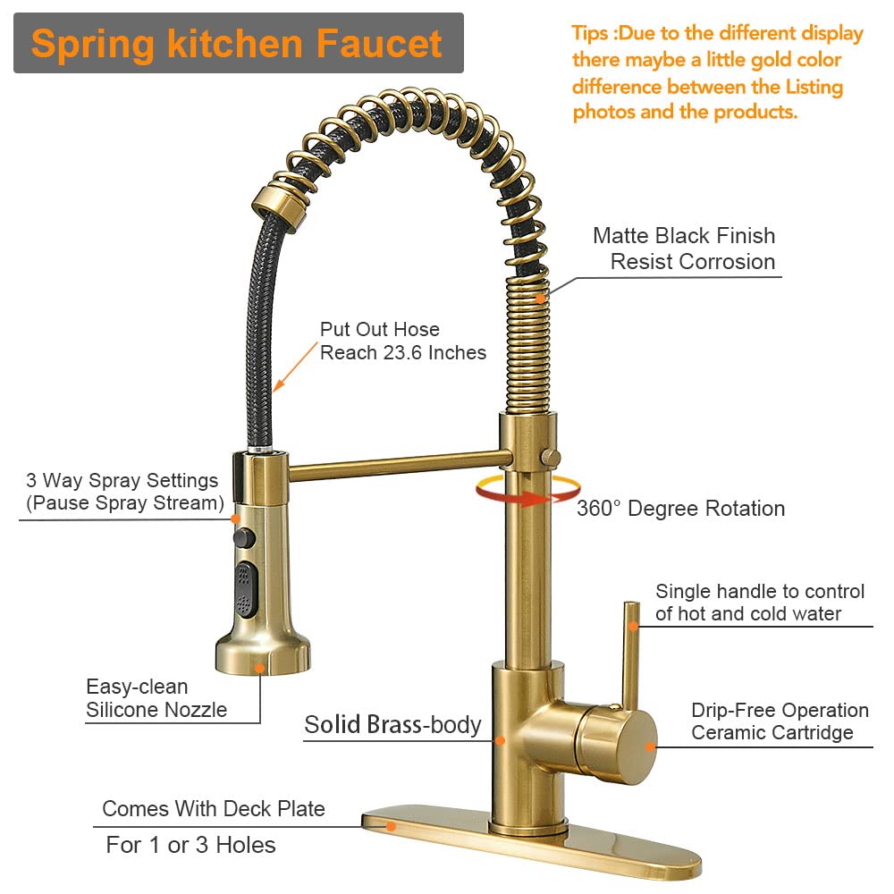 Hoimpro Brushed Gold High Arc Spring Kitchen Faucet with Pull Down Sprayer  Commercial Rv Single Lever Kitchen Sink Faucet  3 Function Single Handle Laundry Faucet  Brass / Brushed Gold (1 or 3 Hole)